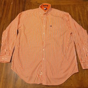 Vintage Tommy Hilfiger Orange and White Stripe Men's Button Down Shirt - Large